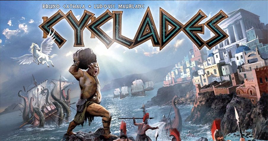 Cyclades box art, a Greek warrior statue on an island under stormy skies with tentacles and ships in the water below