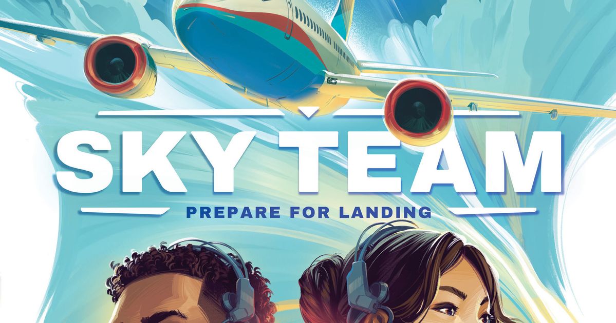 Sky Team box art, an airliner banking through clouds above two pilots wearing headsets